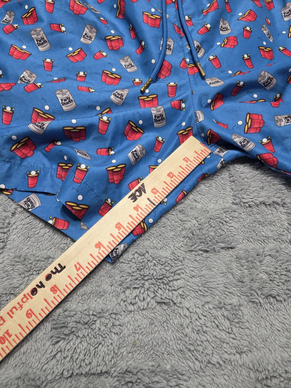 Party Sharks Swim Trunks Men's Blue Printed Swim Trunks with Fun Red Cup Pattern - Picture 3 of 9